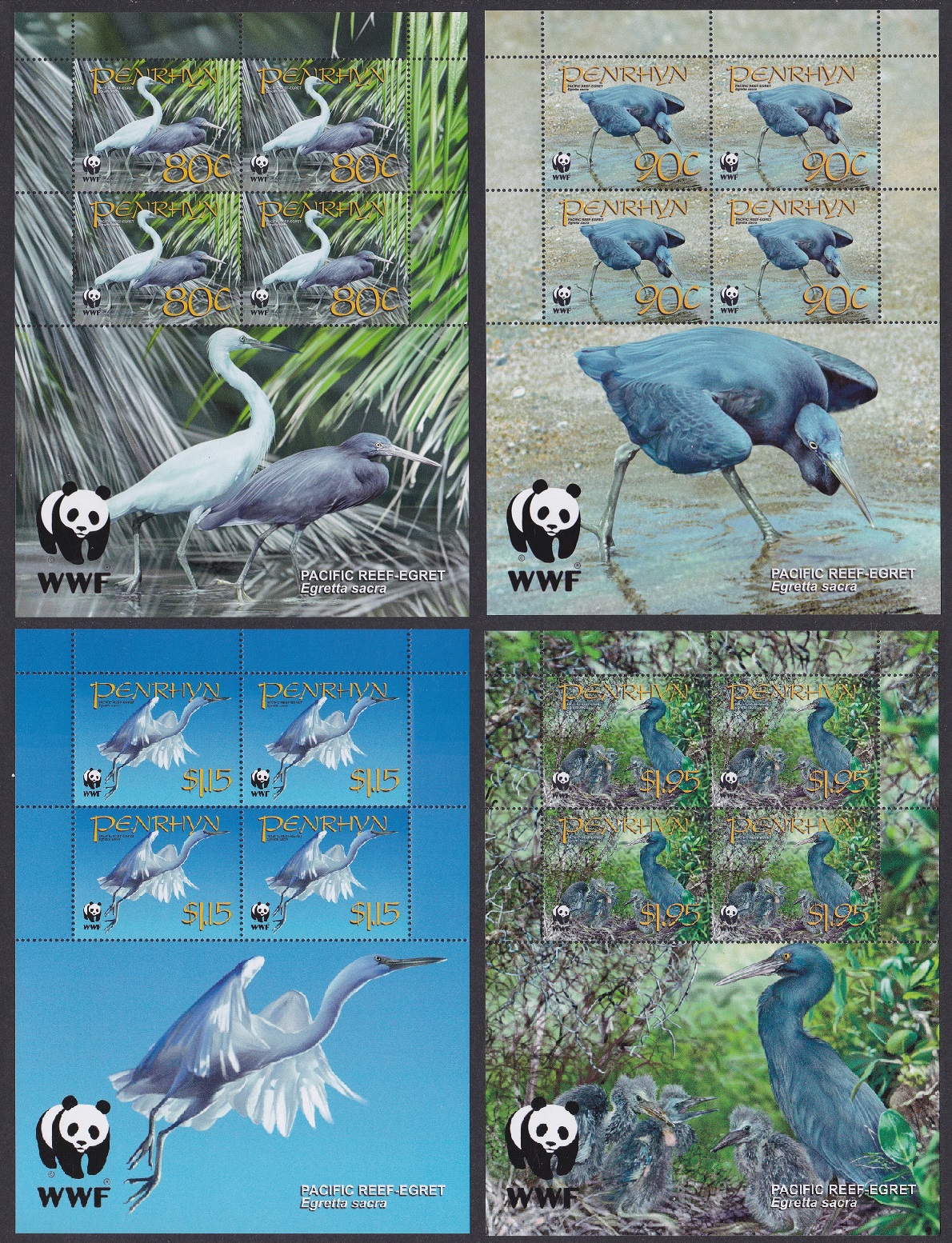 Penrhyn Island Birds WWF Pacific Reef-Egret 4 Sheetlets of 4v each 4 sets 2008 MNH SG#547-550 MI#611-614 Sc#468-471