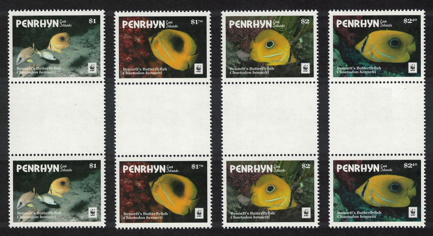 Penrhyn Island WWF Bennett&#39;s Butterflyfish 4v Gutter Pairs 2017 MNH SG#685-688 MI#825-828