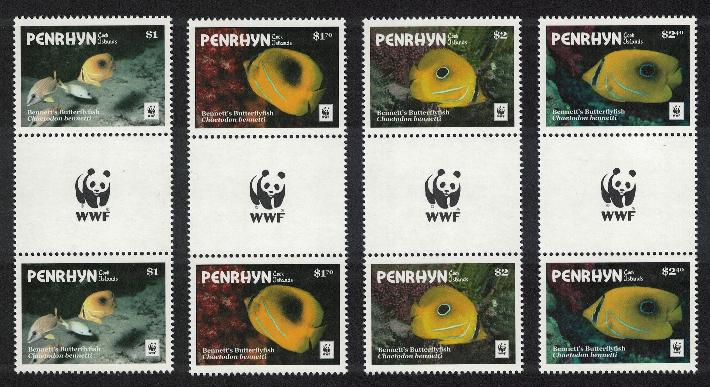 Penrhyn Island WWF Bennett&#39;s Butterflyfish 4v Gutter Pairs Logo 2017 MNH SG#685-688 MI#825-828