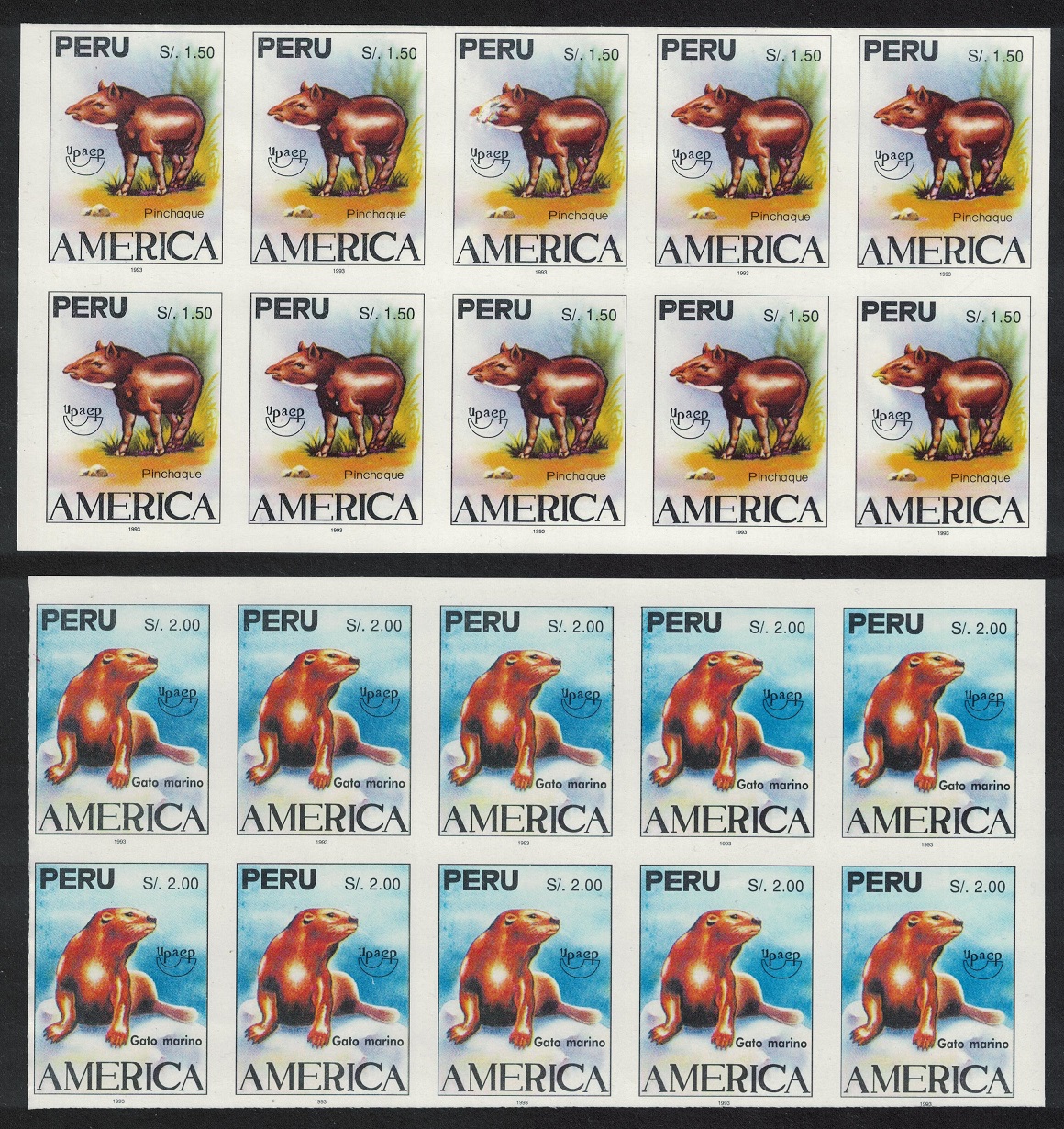 Peru Tapir Otter UPAEP UNISSUED Imperf RARR Sheets 1993 MNH