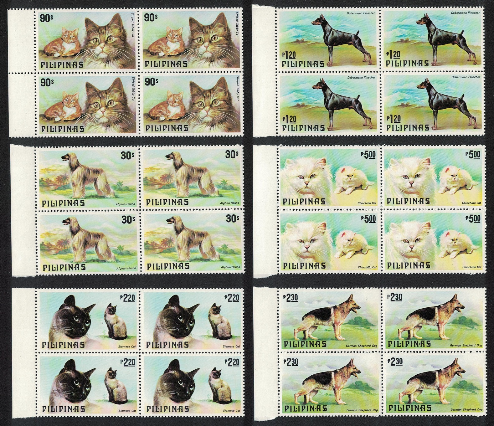 Philippines Cats and Dogs 6v Blocks of 4 with Margins 1979 MNH SG#1539-1544 MI#1306-1311