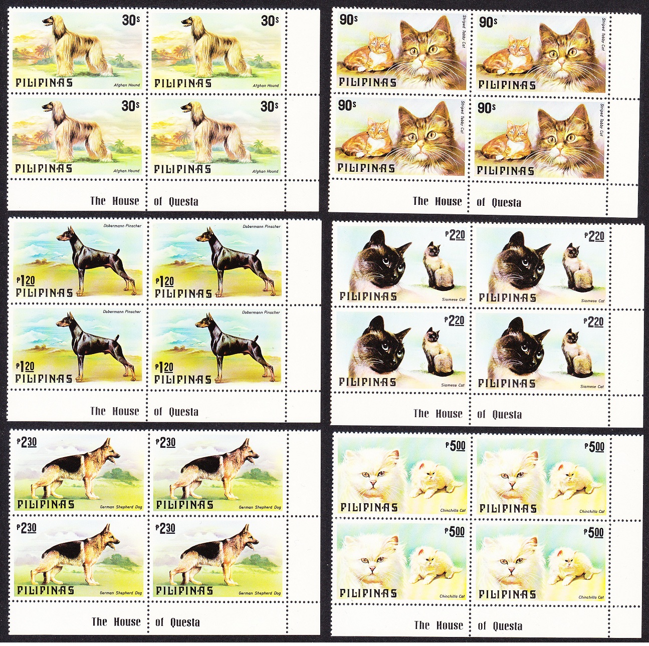 Philippines Cats and Dogs 6v Corner Blocks with Margins 1979 MNH SG#1539-1544 MI#1306-1311