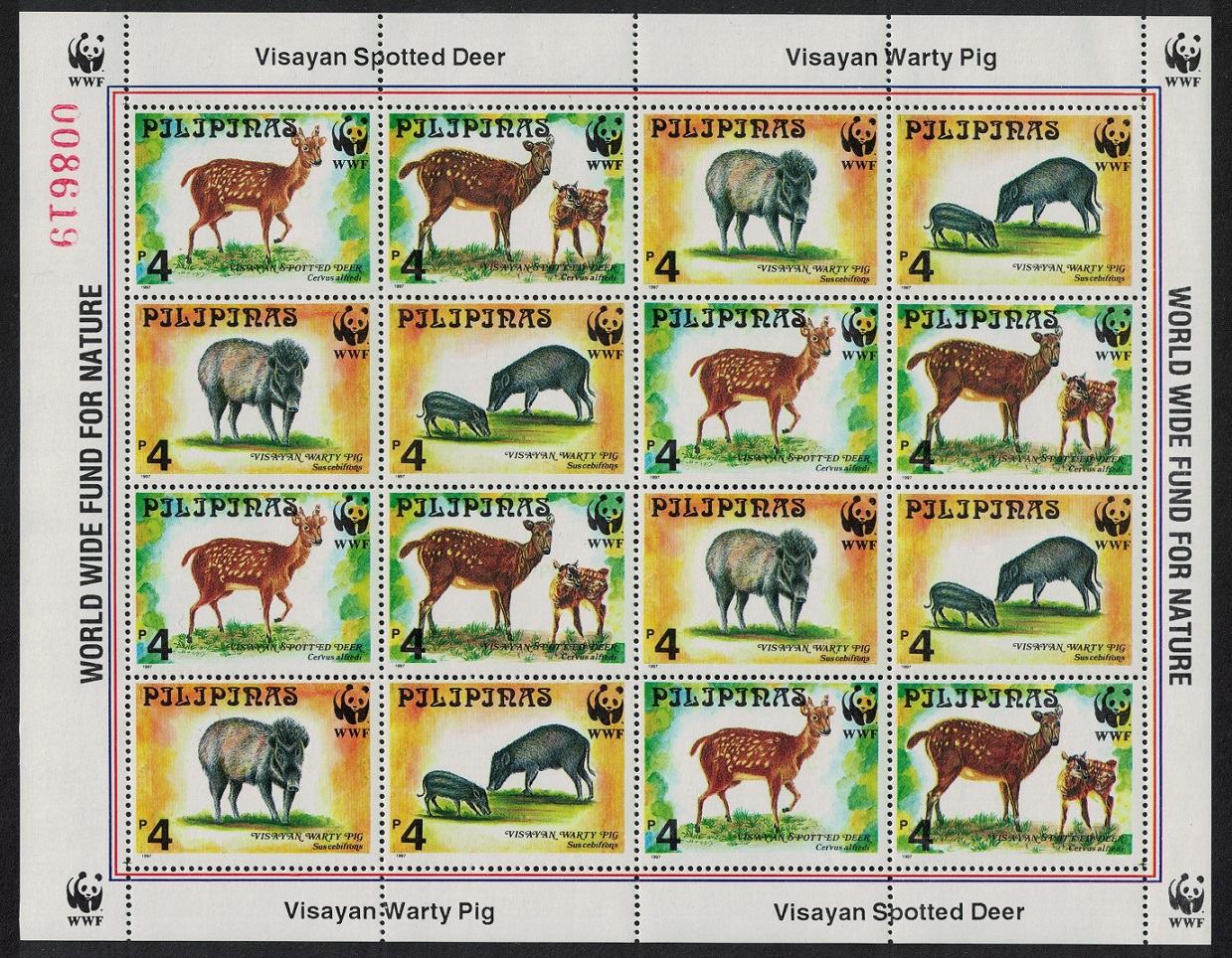 Philippines WWF Spotted Deer Warty Pig Sheetlet of 4 sets 1997 MNH SG#2992-2995 MI#2814-2817 Sc#2476-2479