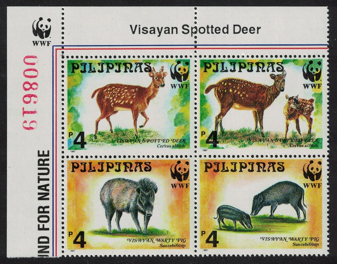 Philippines WWF Deer Warty Pig 4v Block of 4 Logo Control Number 1997 MNH SG#2992-2995 MI#2814-2817 Sc#2476-2479