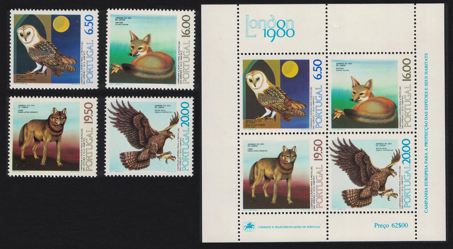 Portugal Eagle Owl Birds Fox Wolf Lisbon Zoo 4v+MS 1980 MNH SG#1796-MS1800 MI#1490-1493+Block 30