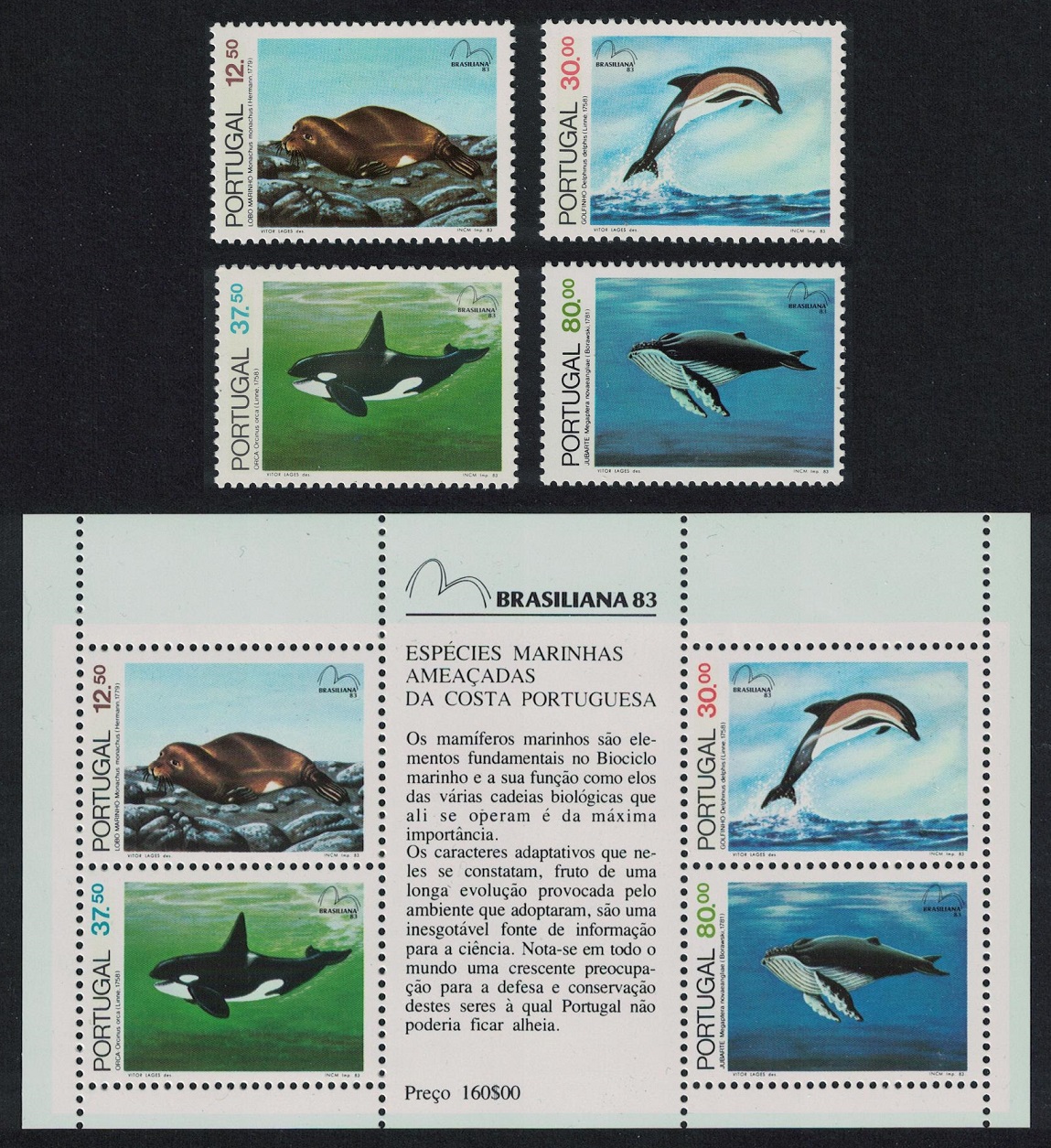 Portugal Whale Dolphin Monk Seal Marine Mammals 4v+MS 1983 MNH SG#1928-1932 MI#1604-16070+Block 41