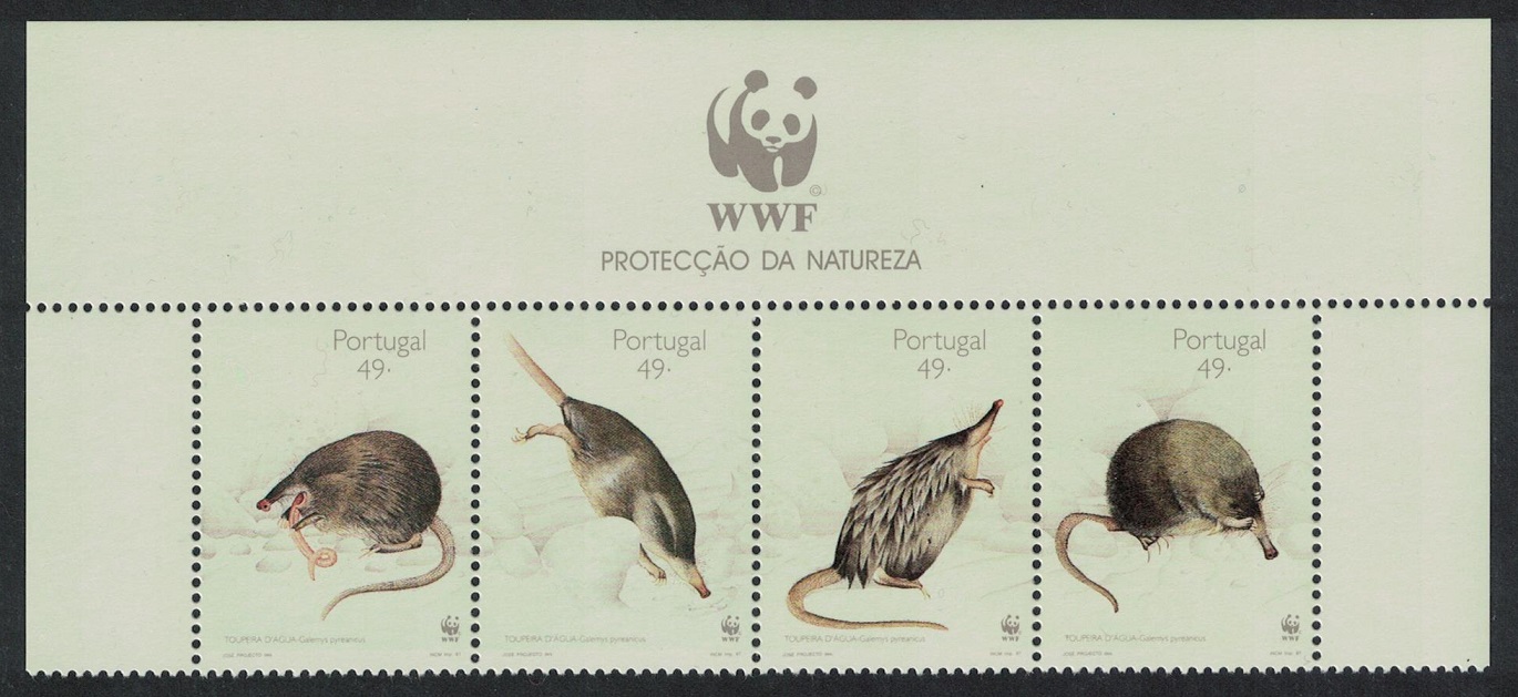 Portugal WWF Pyrenean Desman Top Strip of 4v WWF Logo 1997 MNH SG#2550-2553 MI#2174-2177 Sc#2153-2156