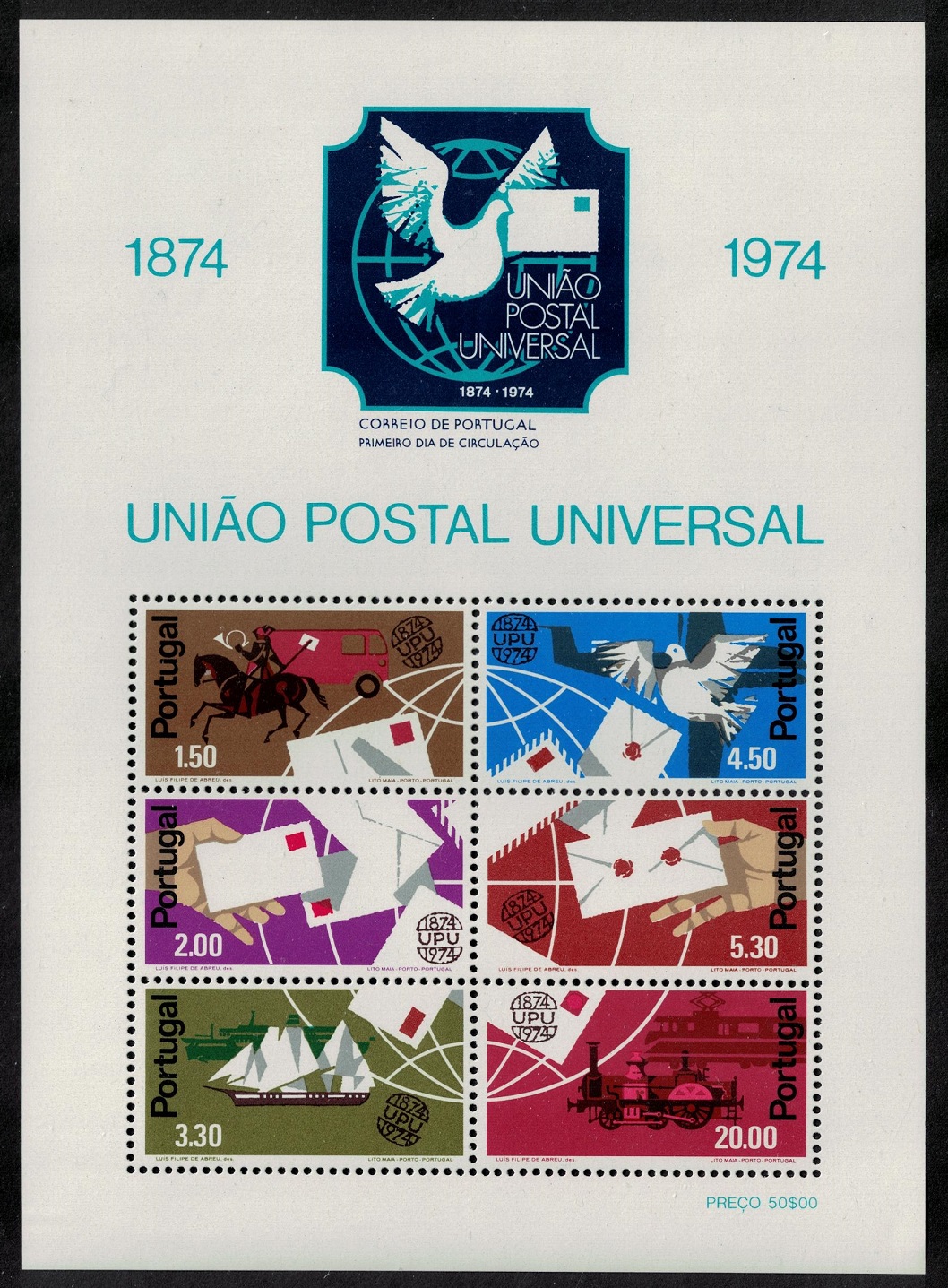 Portugal Birds Horses Ship Centenary of UPU MS 1974 MNH SG#MS1542