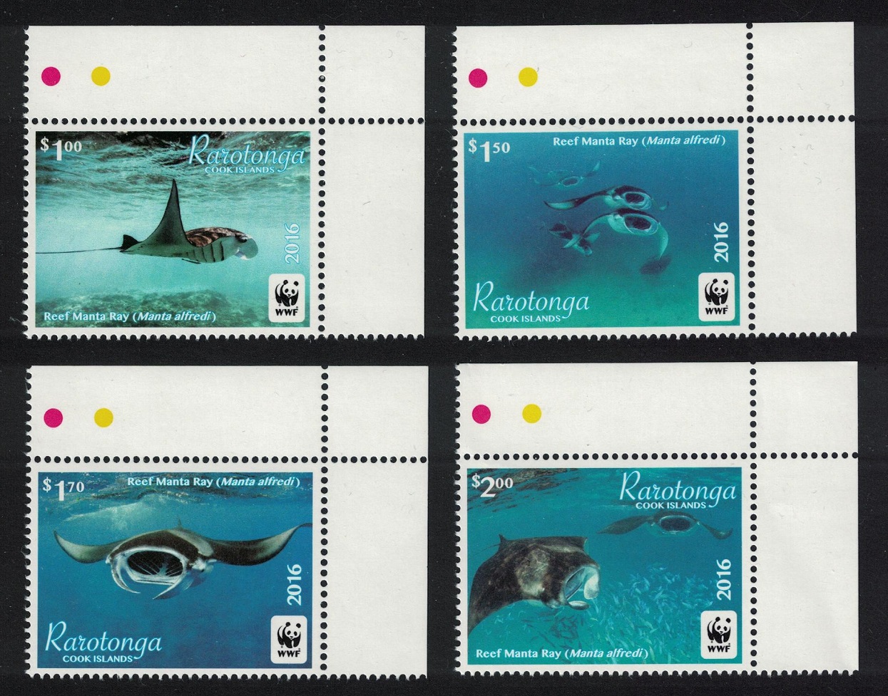 Rarotonga WWF Reef Manta Ray Fish 4v Corners 2016 MNH SG#23-26