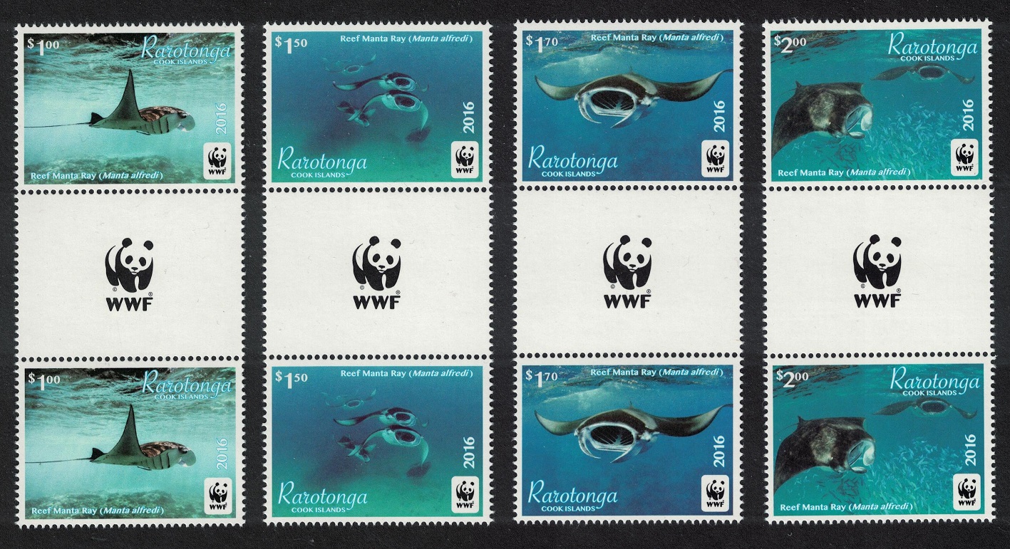 Rarotonga WWF Reef Manta Ray Shark Fish 4v Gutter Pairs Logo 2016 MNH SG#23-26