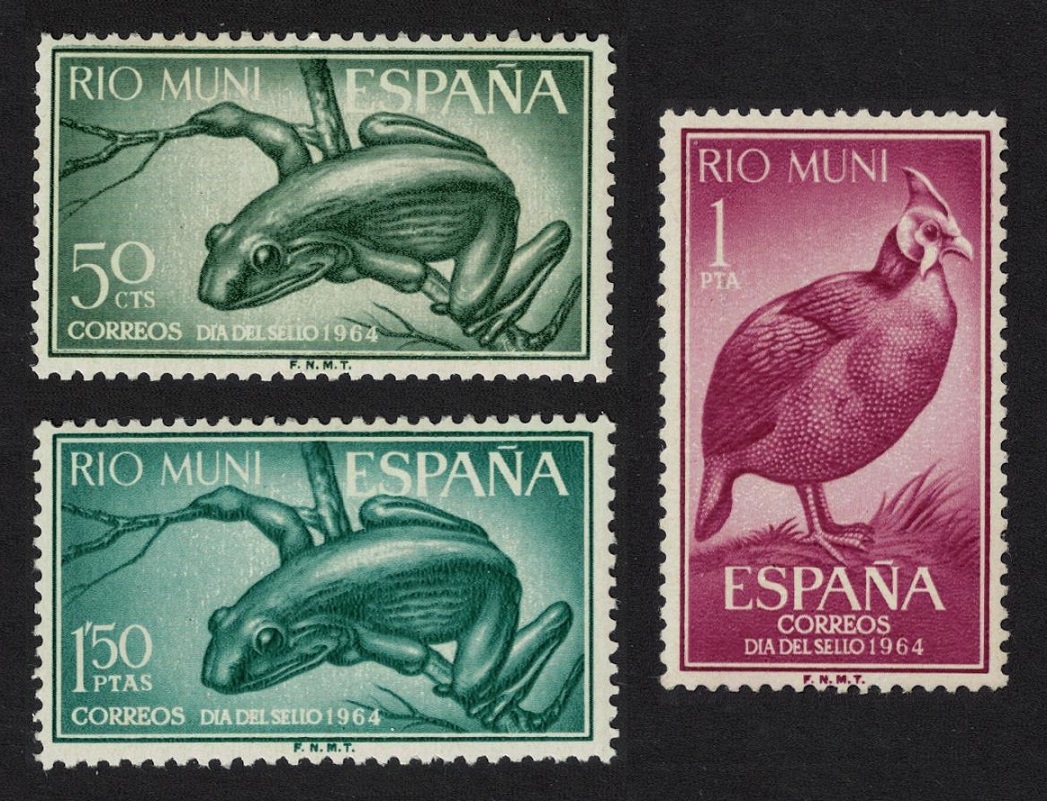 Rio Muni Goliath Frog Helmeted Guineafowl Bird 3v 1964 MNH SG#57-59 Sc#44-46