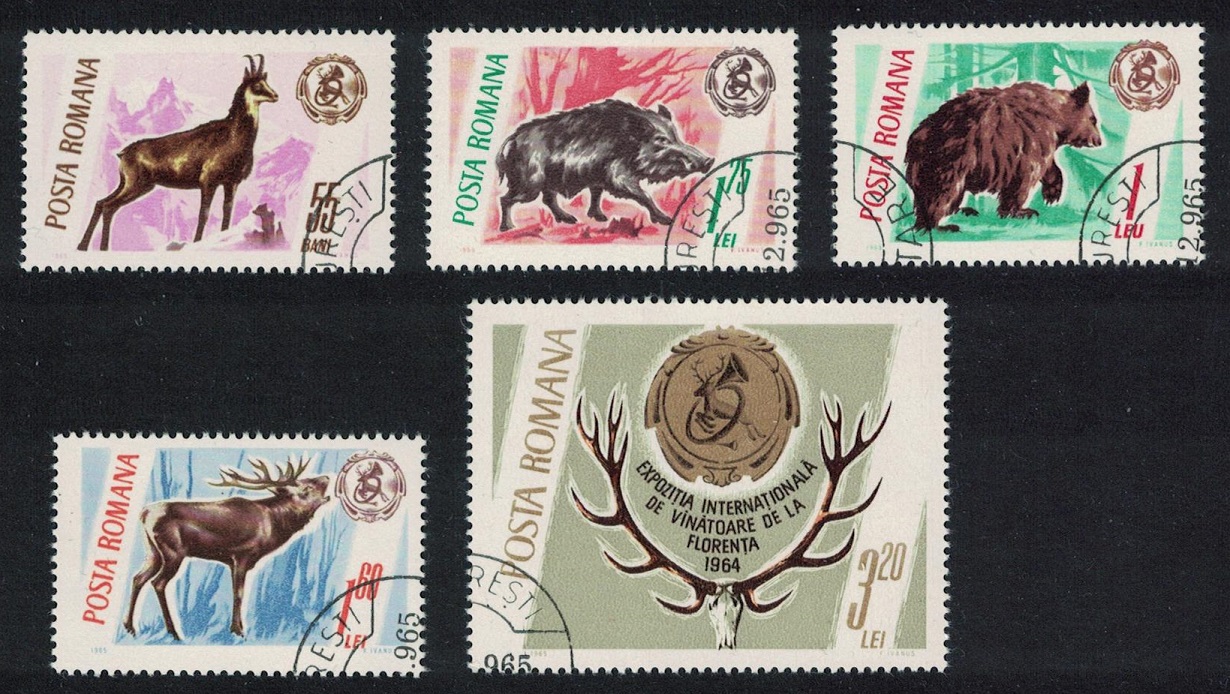 Romania Bear Elk Boar Chamois &#39;Hunting Trophies&#39; 5v 1965 Canc SG#3332-3336