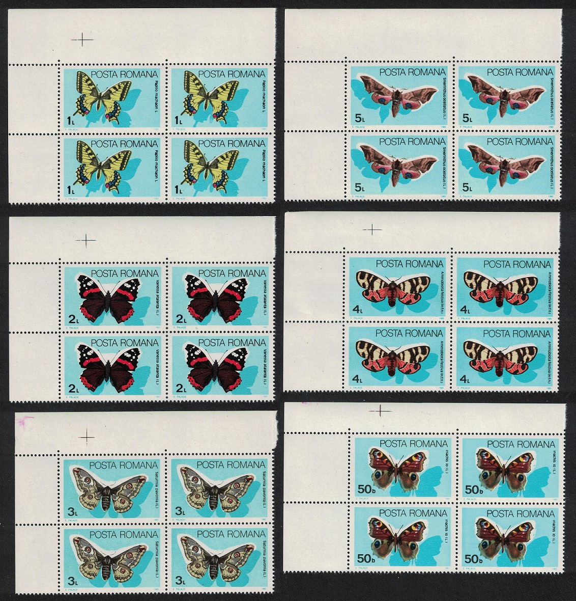 Romania Butterflies 6v Corner Blocks of 4 1985 MNH SG#4946-4951 MI#4159-4164