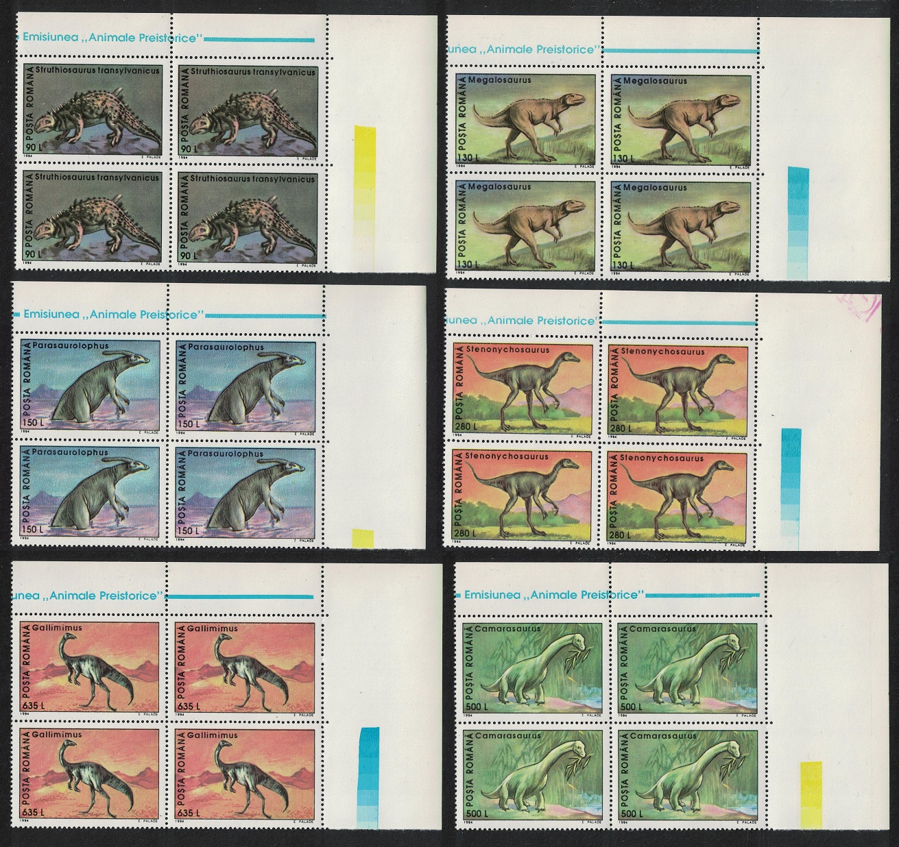 Romania Dinosaurs 6v Corner Blocks of 4 1993 MNH SG#5608-5613