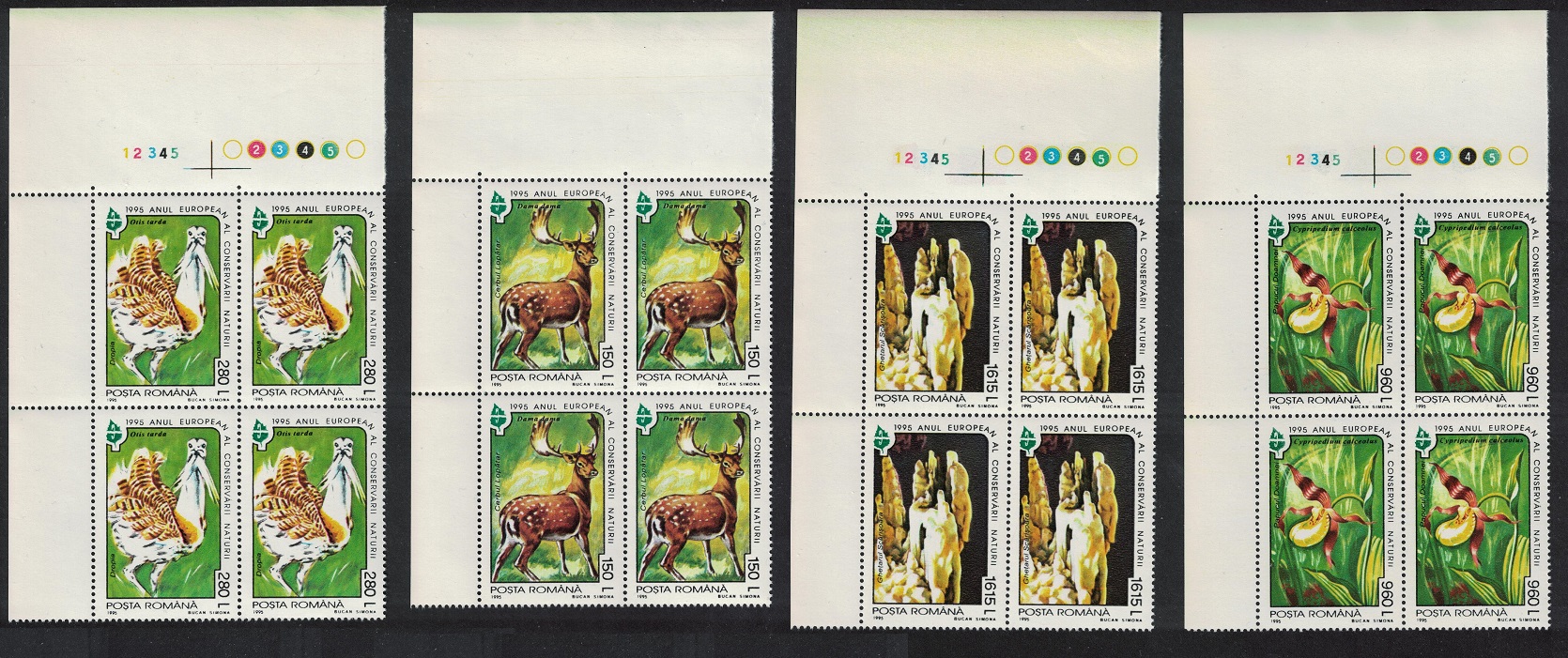 Romania Bustard Bird Deer Orchid Animals 4v Corner Blocks of 4 1995 MNH SG#5741-5744