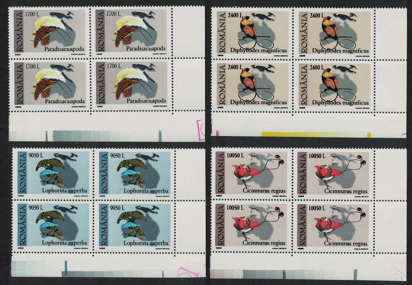 Romania Birds of Paradise 4v Corner Blocks of 4 2000 MNH SG#6094-6097