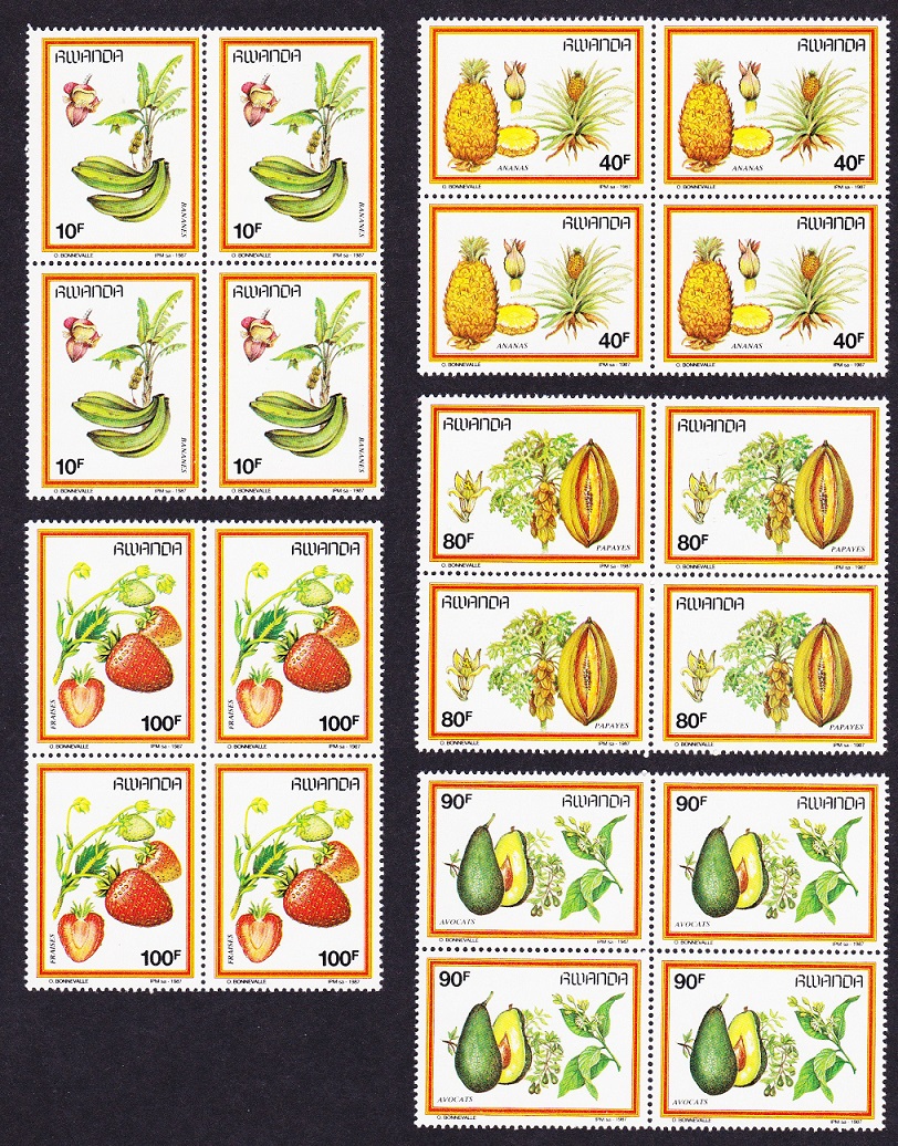 Rwanda Bananas Pineapple Papaya Avocado Strawberries Fruits 5v Blocks of 4 1987 MNH SG#1297-1301 MI#1370-1374 Sc#1287-1291