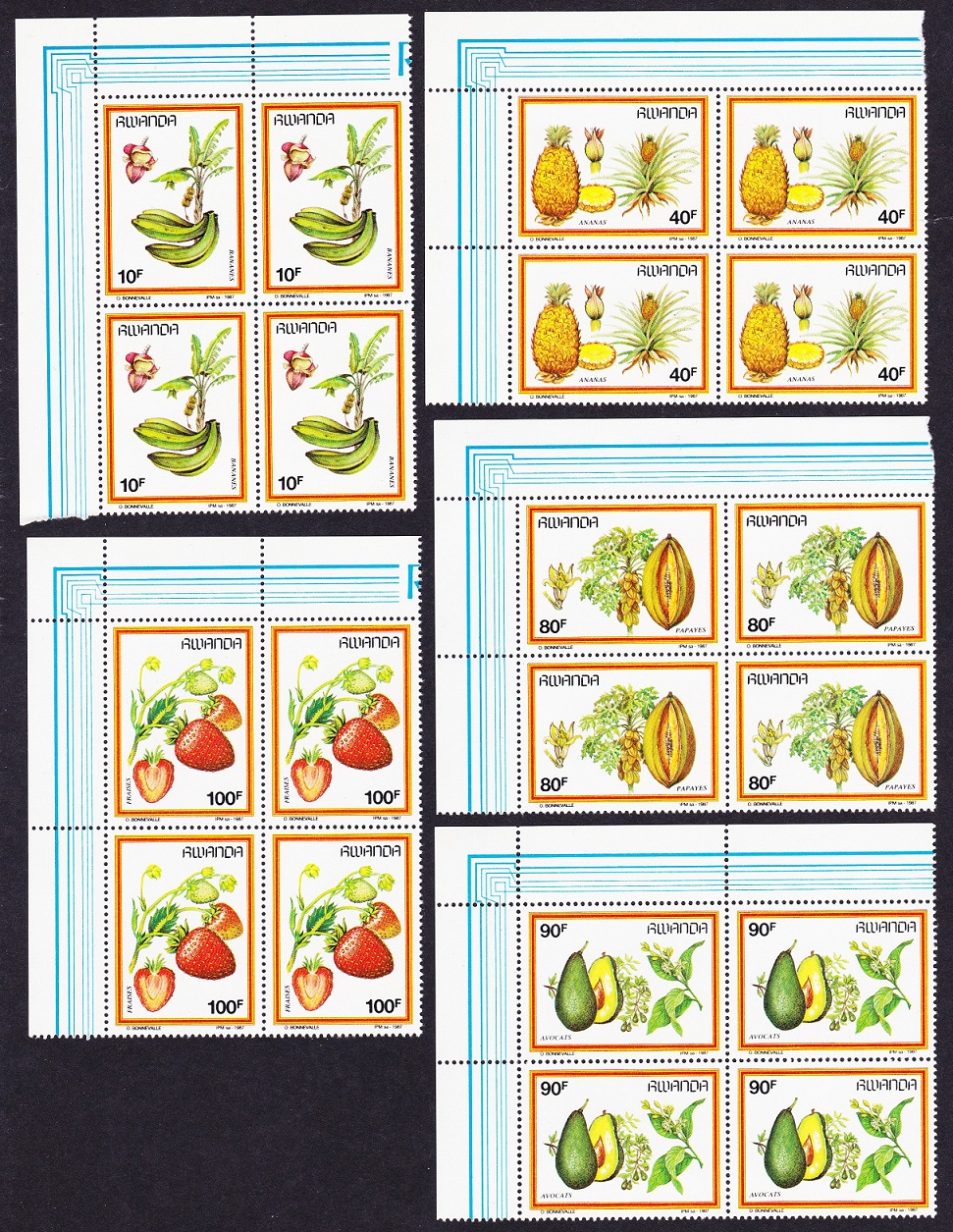 Rwanda Bananas Pineapple Avocado Strawberries Fruits 5v Corner Blocks of 4 1987 MNH SG#1297-1301 MI#1370-1374 Sc#1287-1291