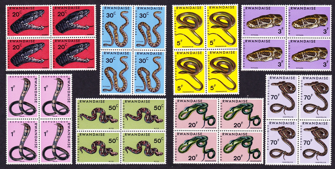 Rwanda Snakes 8v Blocks of 4 1967 MNH SG#192-199 MI#201A-208A Sc#194-201