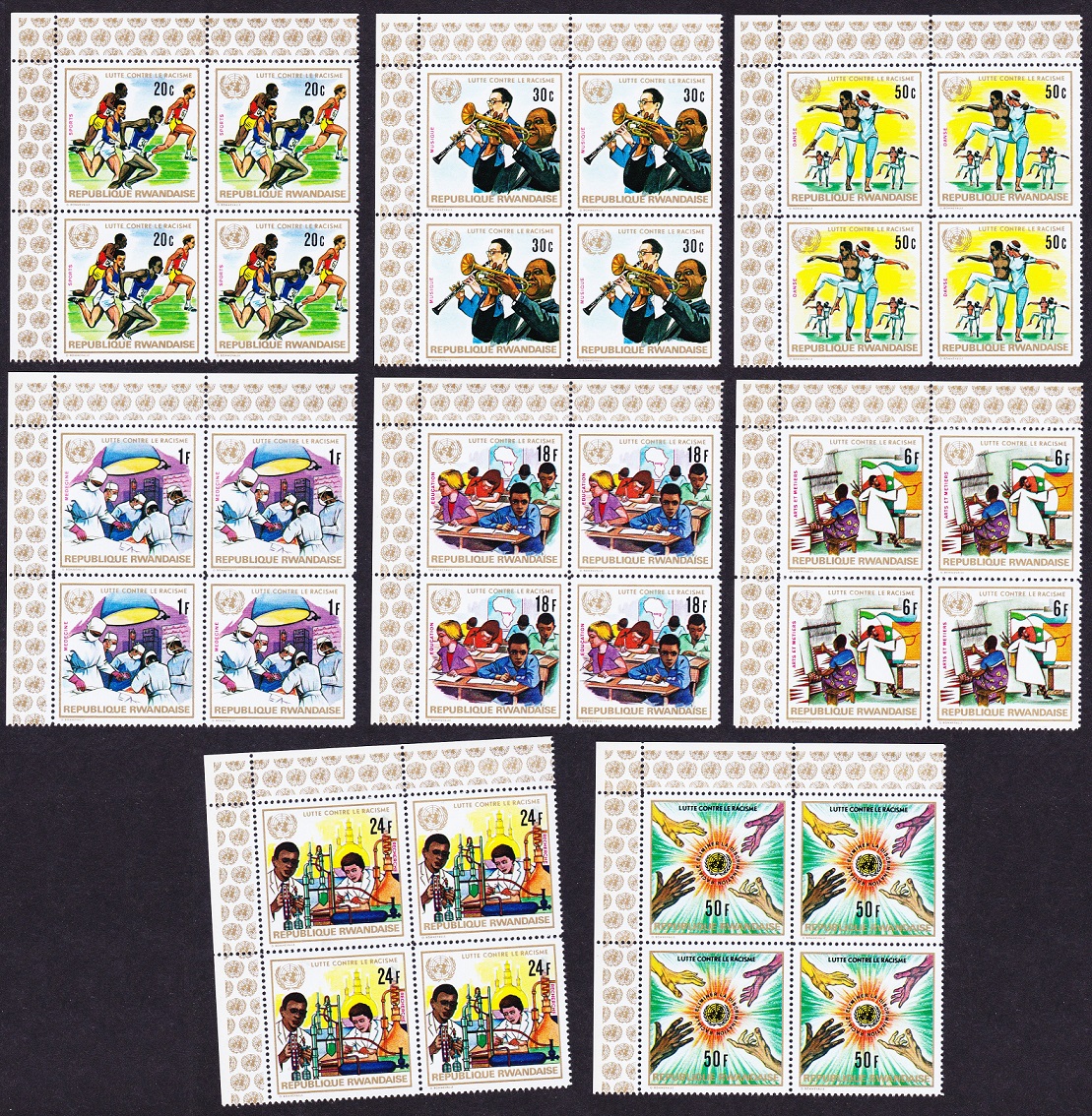 Rwanda Racial Equality Year 8v T1 Corner Blocks of 4 1972 MNH SG#498-505 Sc#486-493