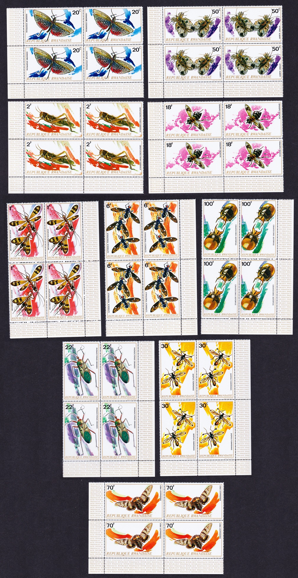 Rwanda Insects 10v Corner Blocks of 4 1973 MNH SG#507-516 Sc#495-505