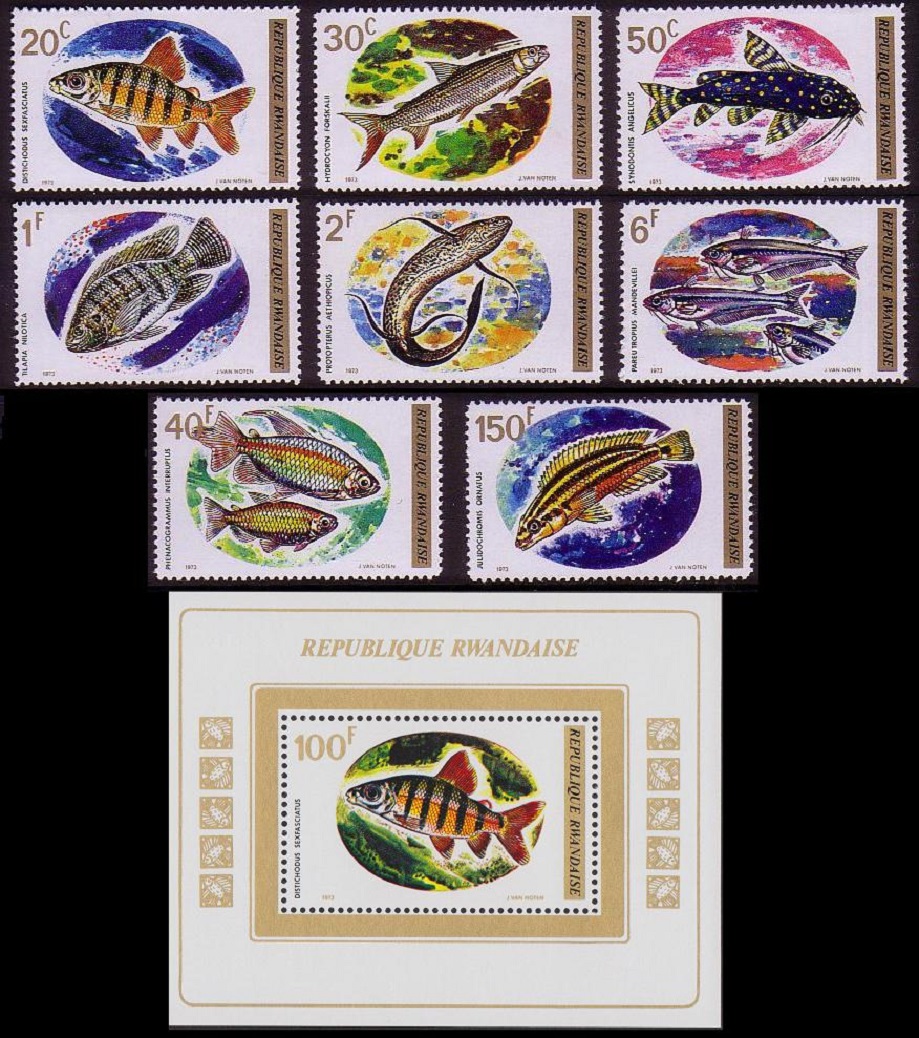 Rwanda Fish 8v+MS 1973 MNH SG#553-MS561 MI#577-574A+Block 33A Sc#541-549