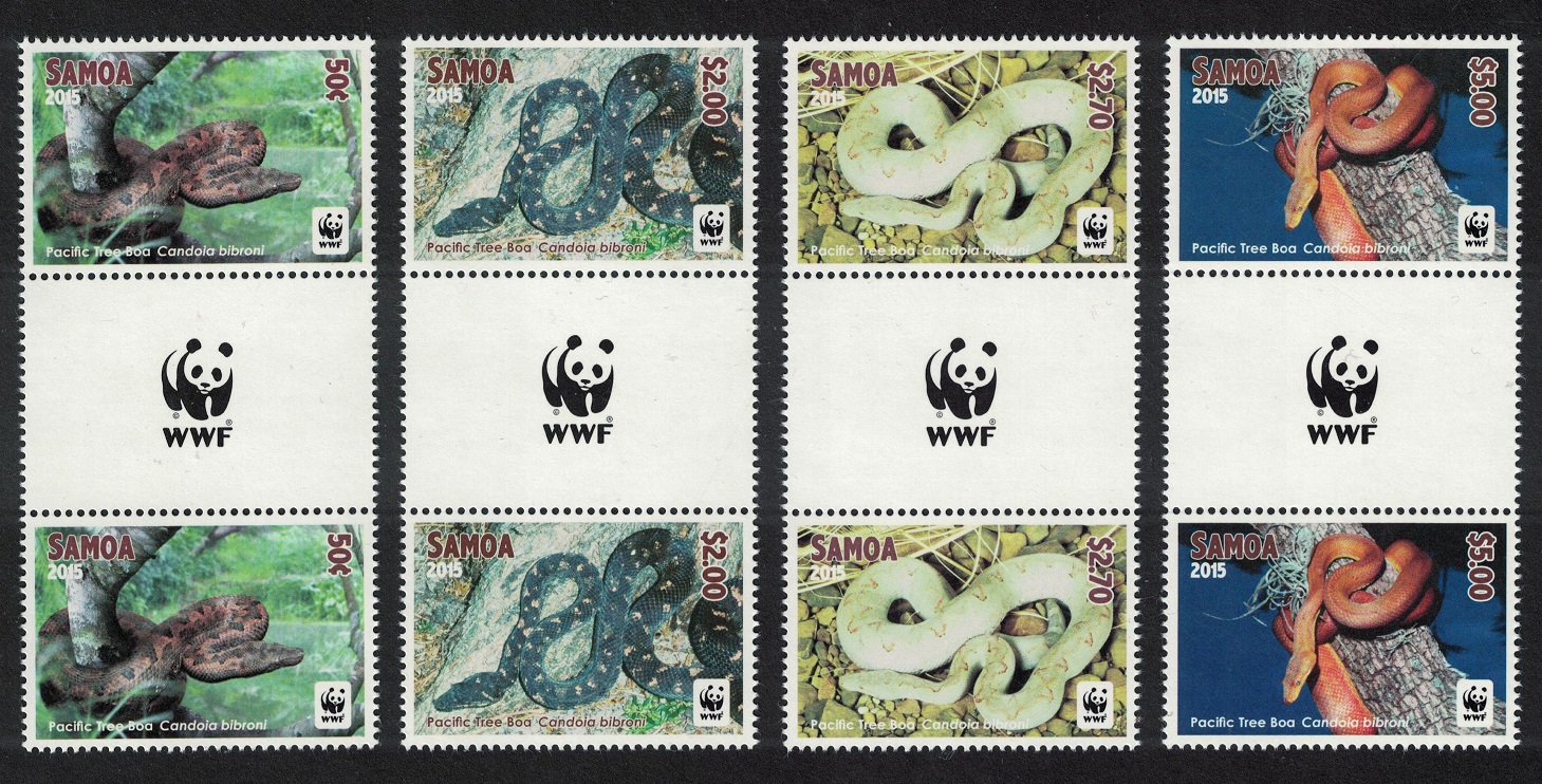 Samoa WWF Pacific Tree Boa Snake 4v White Frame Gutter Pairs Logo 2015 MNH SG#1321-1324