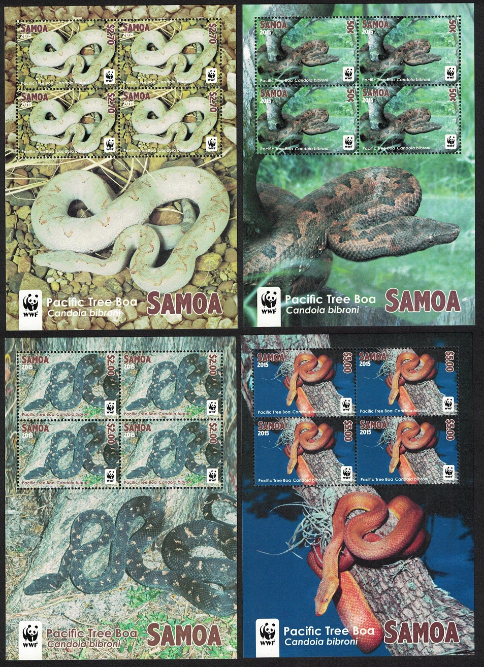 Samoa WWF Pacific Tree Boa Candoia bibroni Snake 4v Sheetlets 2015 MNH SG#MS1325-MS1328