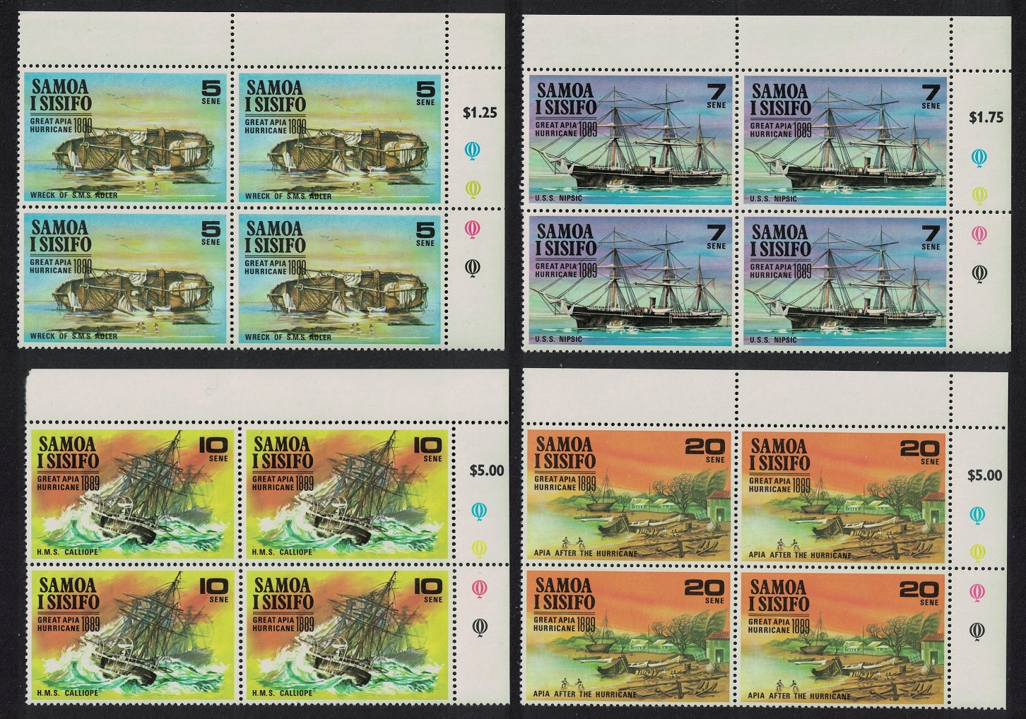 Samoa Apia Hurricane Ships 4v Corner Blocks of 4 1970 MNH SG#341-344 Sc#325-328