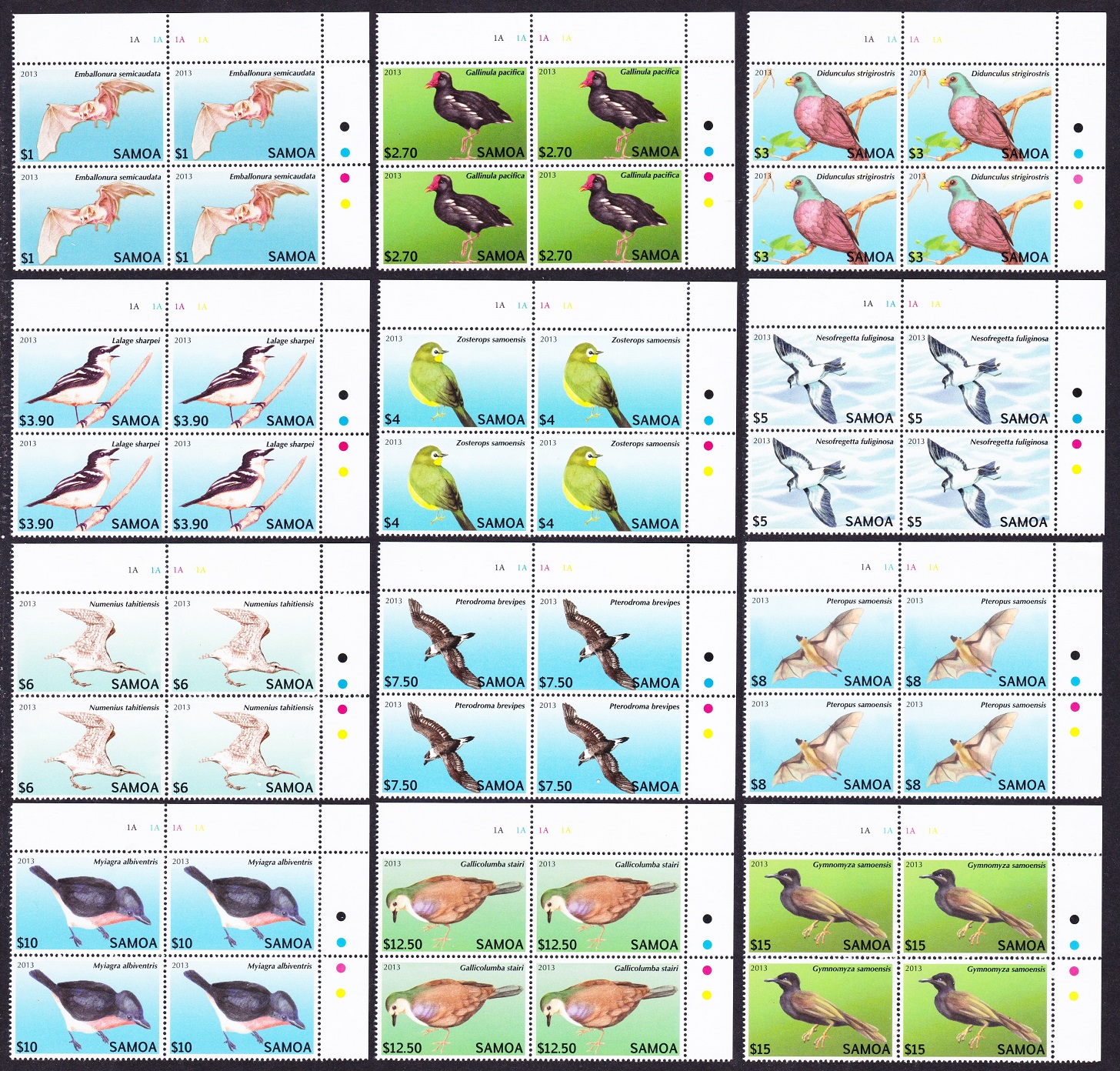 Samoa Birds and Bats 12v Corner Blocks of 4 2013 MNH Sc#1142-1153