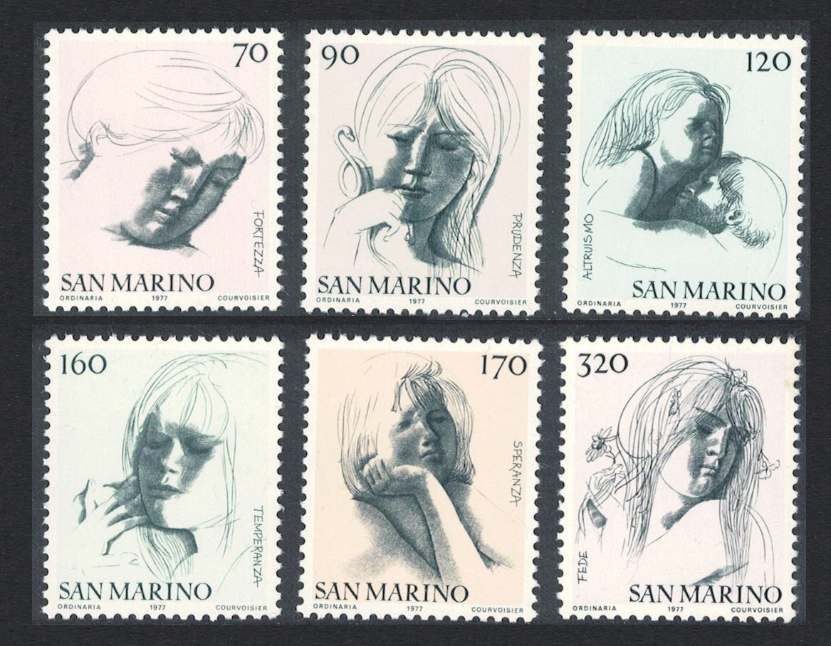 San Marino &#39;The Civil Virtues&#39; Sketches by Emilio Greco 6v 2nd series 1977 MNH SG#1043=1053 MI#1133-1138 Sc#900-905