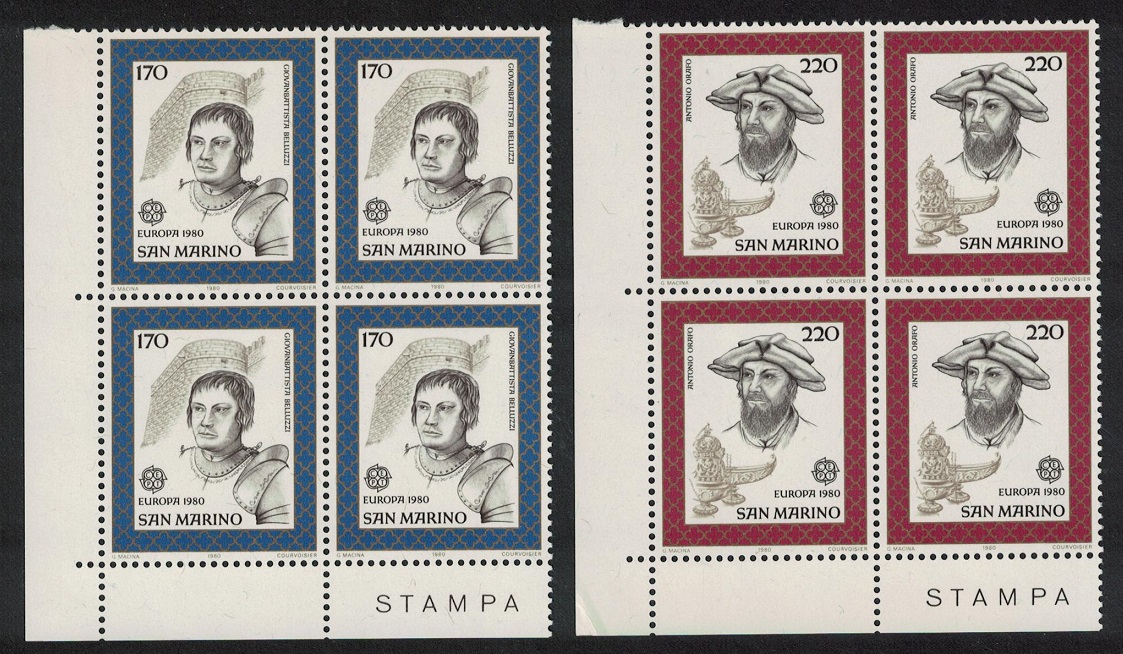 San Marino Belluzzi Architect Orafo Goldsmith Corner Blocks of 4 1980 MNH SG#1142-1143