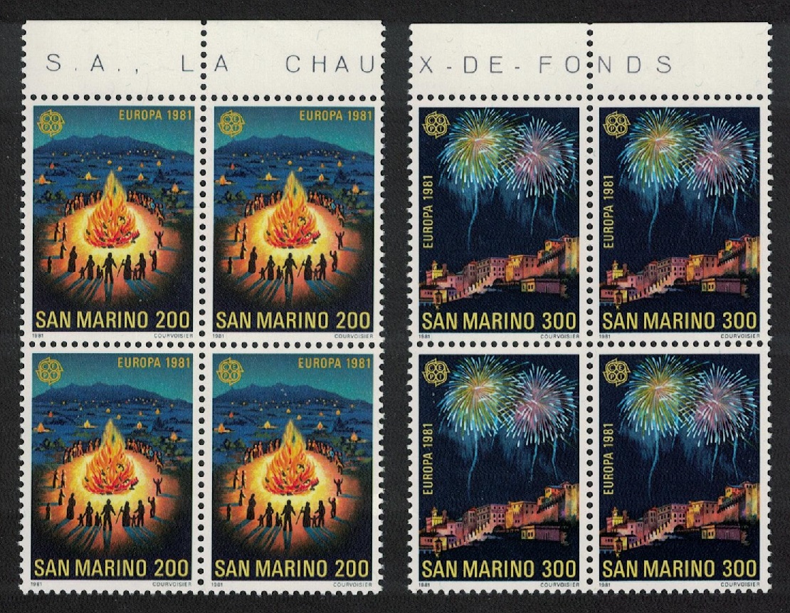 San Marino Europa Folklore 2v Blocks of 4 Top Margins 1981 MNH SG#1157-1158