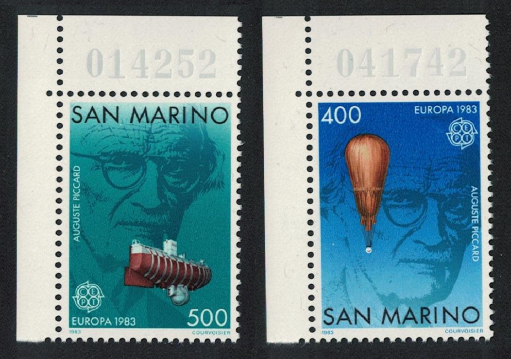 San Marino Auguste Piccard Stratosphere Balloon Bathyscaphe Corners 1983 MNH SG#1210-1211