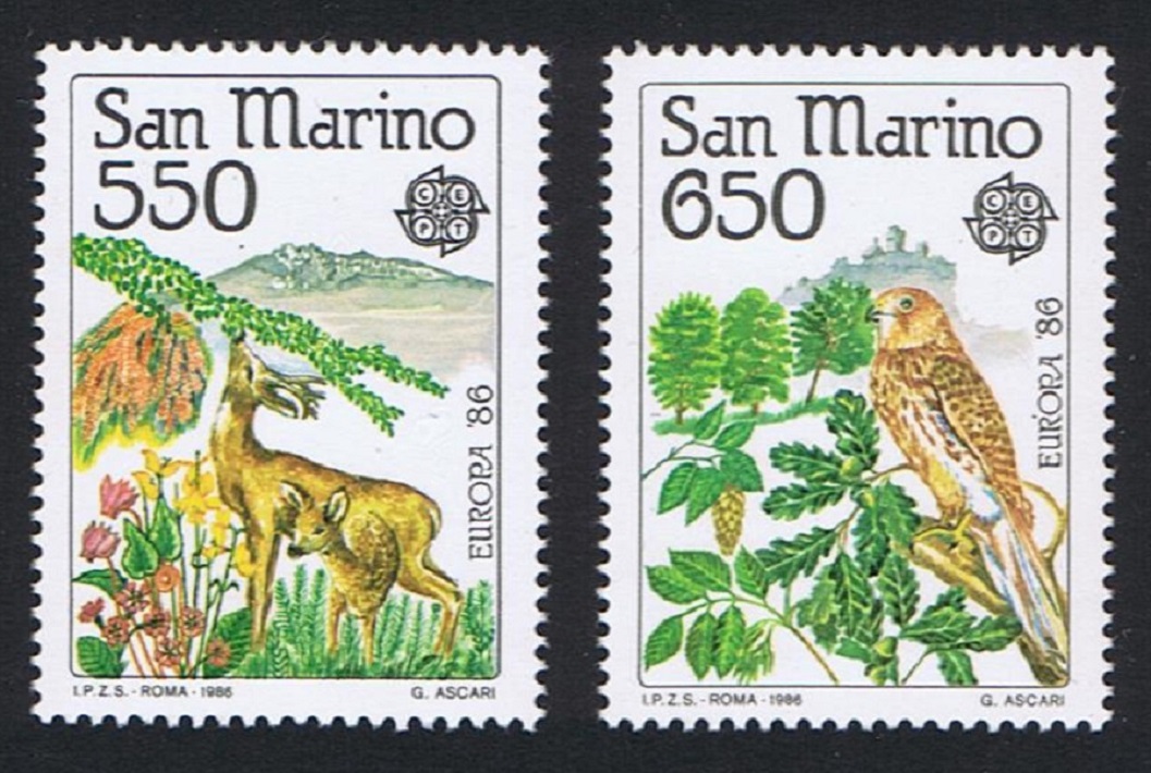 San Marino Birds Common Kestrel Deer 2v Europa CEPT 1986 MNH SG#1269-1270 Sc#1107-1108