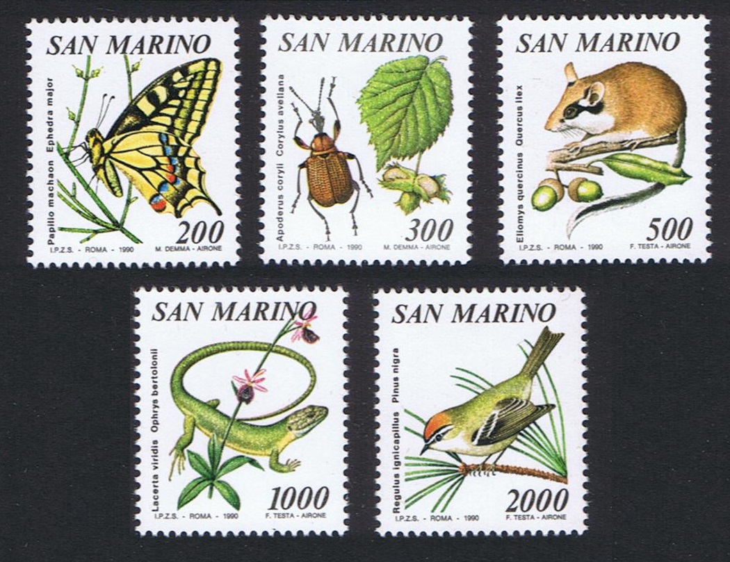 San Marino Bird Butterfly Lizard Mouse Flora 5v 1990 MNH SG#1386-1390 Sc#1216-1220