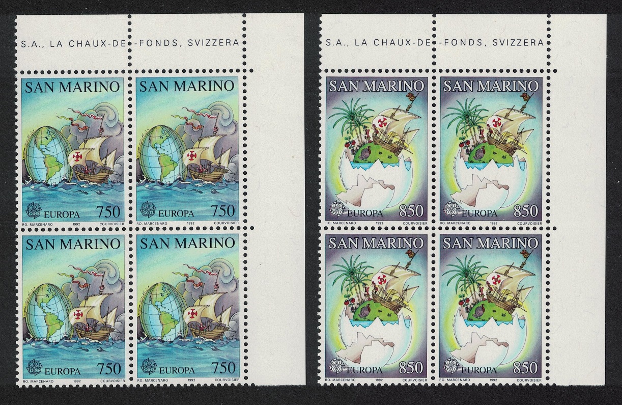 San Marino Columbus Discovery of America 2v Corner Blocks of 4 1992 MNH SG#1432-1433