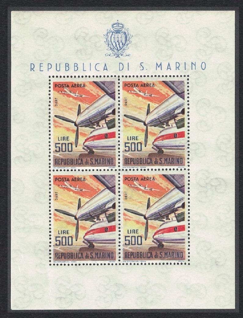 San Marino Rolls Royce Dart 527 Turboprop engine Aircraft Sheetlet of 4 Def 1965 Def SG#741 MI#829 Sc#C127