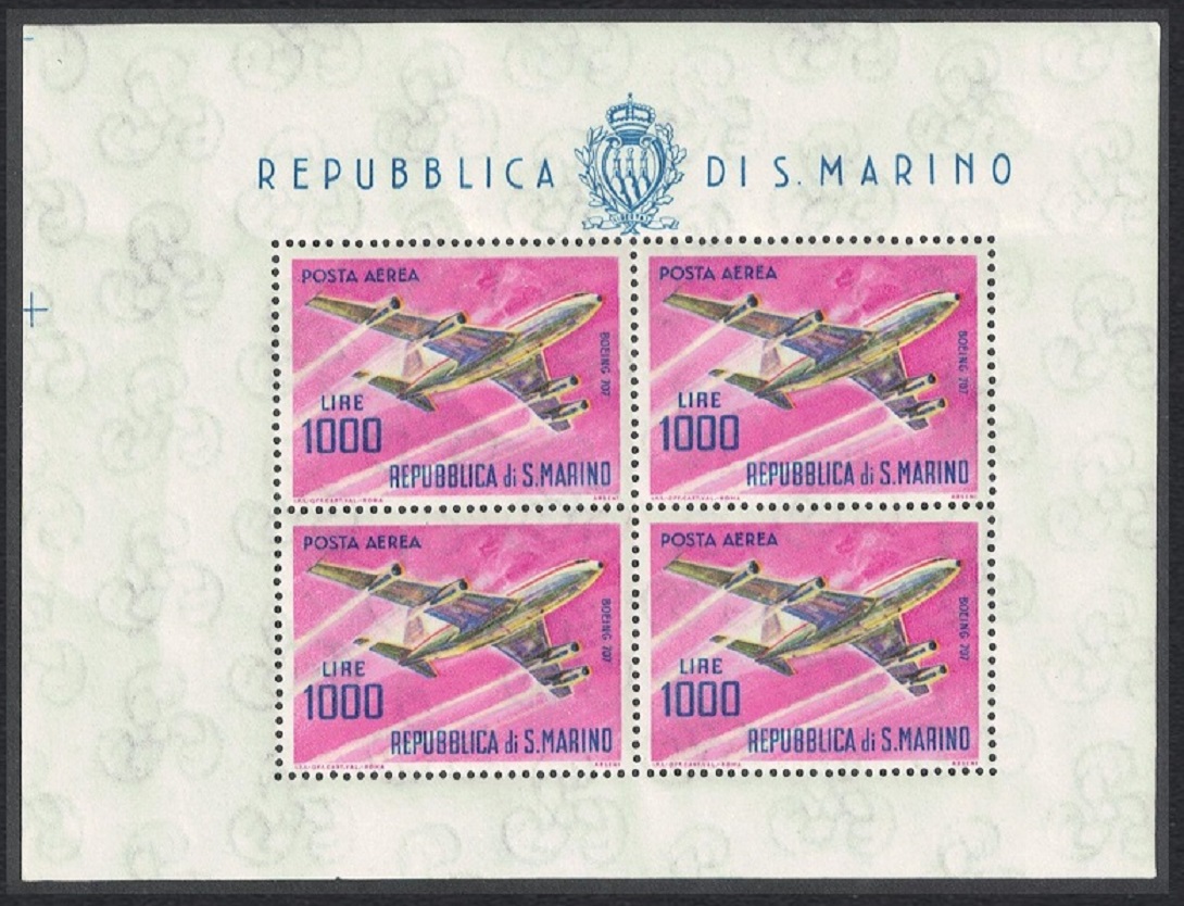 San Marino Boeing 707 Aircraft 1000L Sheetlet 1964 MNH SG#742 MI#801KB