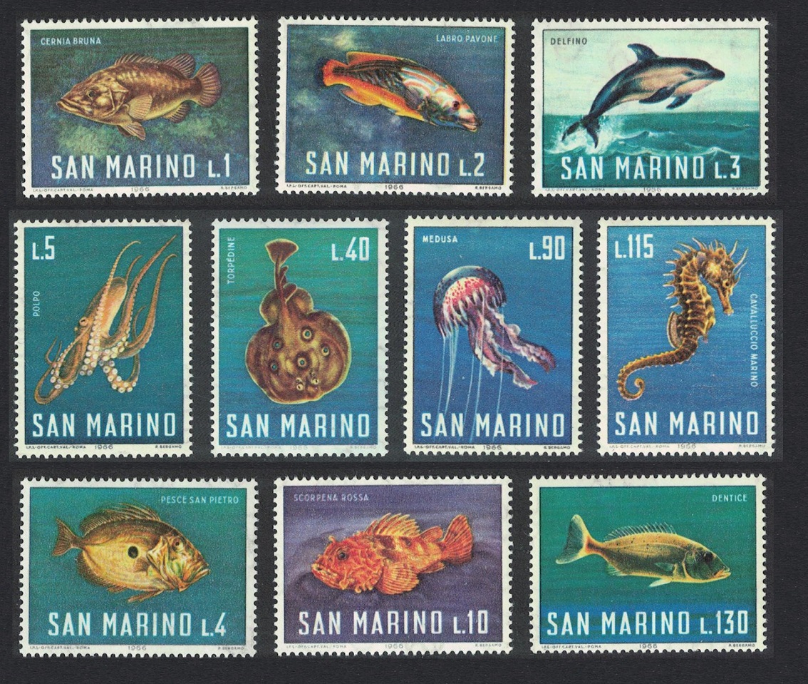 San Marino Fish Dolphins Octopus Jellyfish Marine Life 10v 1966 MNH SG#804-813 MI#869-878 Sc#643-652