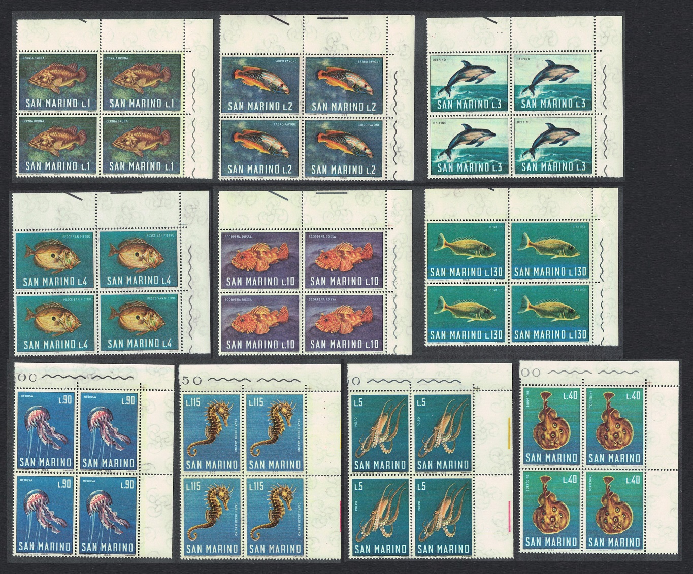 San Marino Fish Dolphins Octopus Marine Life 10v Corner Blocks of 4 1966 MNH SG#804-813 MI#869-878 Sc#643-652