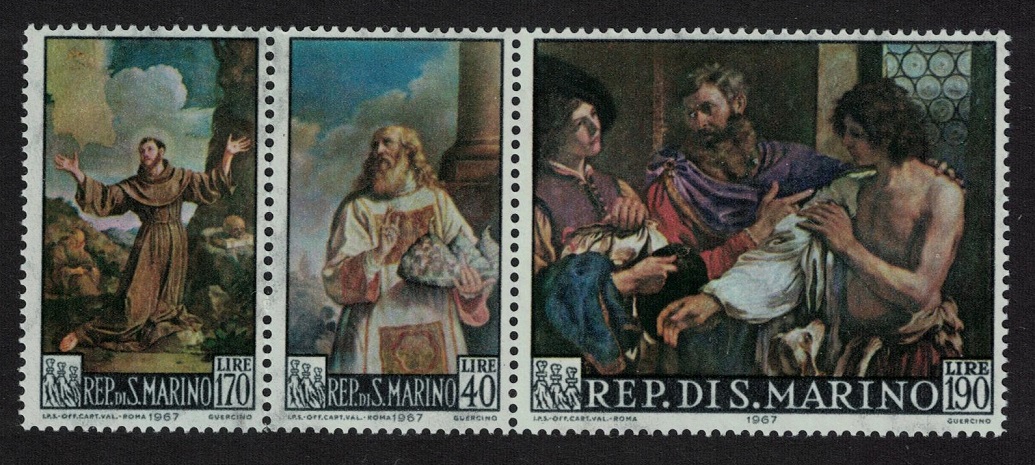 San Marino Paintings by Francesco Barbieri Guercino 3v Strip 1967 MNH SG#822-824