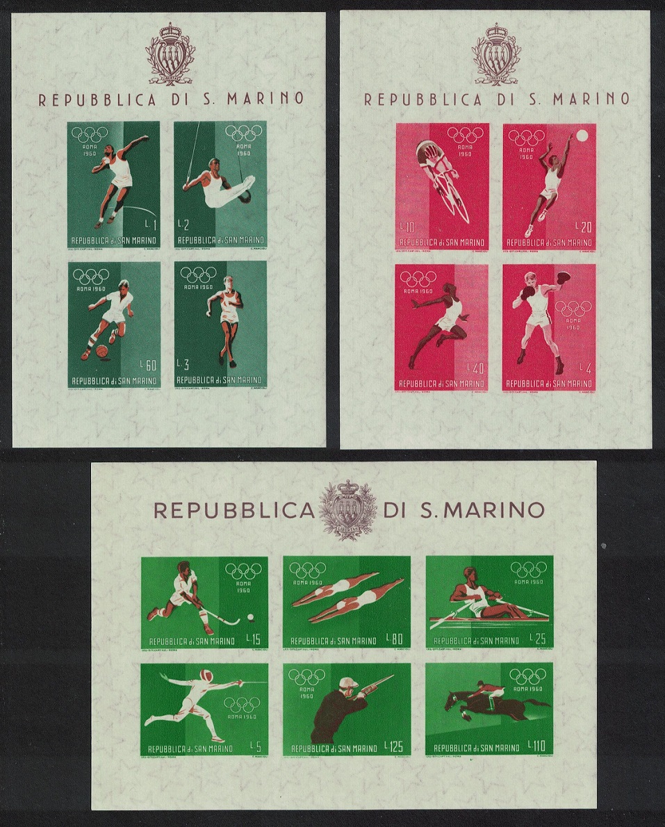 San Marino Football Cycling Basketball Olympic Games 3 MSs 1960 MNH SG#MS616a-MS616c MI#Block 5-Block 7