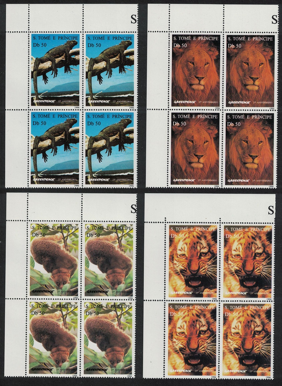 Sao Tome and Principe Wild Animals Tiger Lion Gecko Potto 4v Corner Blocks 1996 MNH MI#1676-1679 Sc#1237-1240