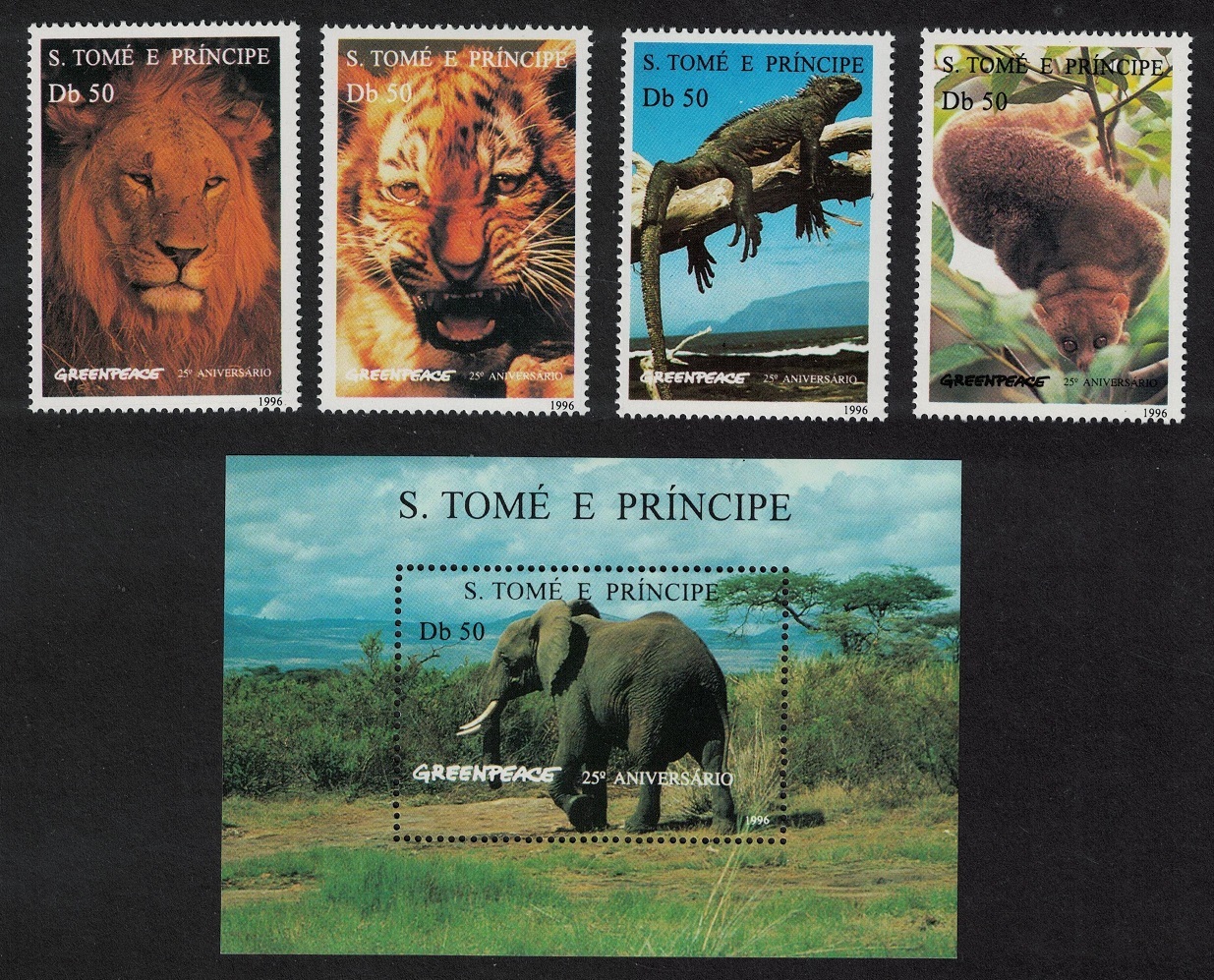 Sao Tome and Principe Wild Animals Elephant Tiger Lion 4v+MS 1996 MNH MI#1676-1679+Block 531 Sc#1237-1241