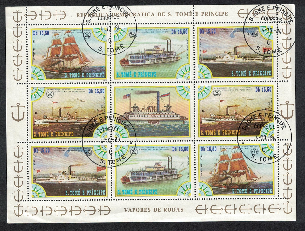 Sao Tome and Principe Ships Steamers Sheetlet of 8v+label 1984 Canc Sc#756