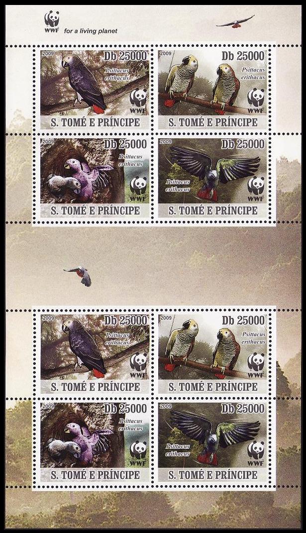 Sao Tome and Principe Birds WWF Grey Parrot Sheetlet of 2 sets 2009 MNH MI#3777-3780