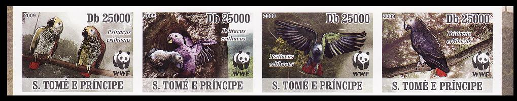 Sao Tome and Principe Birds WWF Grey Parrot Strip of 4 Imperf stamps 2009 MNH MI#3777B-3780B