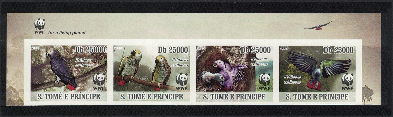 Sao Tome and Principe Birds WWF Grey Parrot Strip of 4 Imperf stamps WWF Logo 2009 MNH MI#3777B-3780B