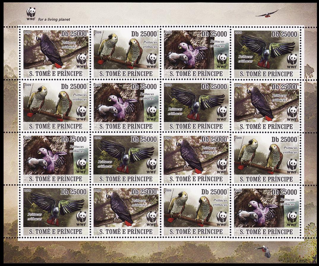 Sao Tome and Principe Birds WWF Grey Parrot Sheetlet of 4 sets 2009 MNH MI#3777-3780